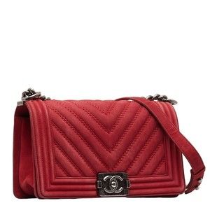 Chanel Red Boy Suede Mark Bag Coco Silver Chain